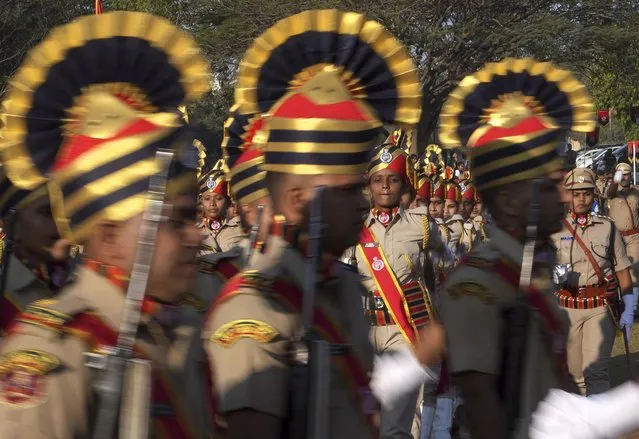 Indian Railway Protection Force (RAF) personnel march during Republic Day celebrations in Hyderabad, India, Thursday, January 26, 2023. (Photo by Mahesh Kumar A./AP Photo)