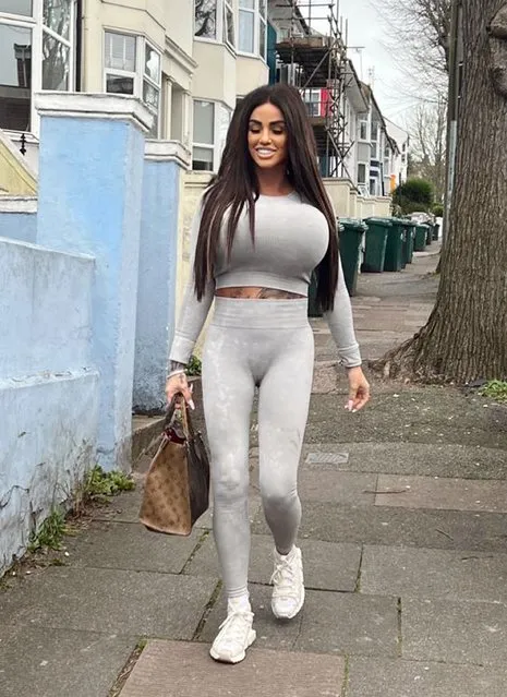 British model and reality TV Star Katie Price shows off her new dark hair look as she's pictured out running errands in London, United Kingdom on February 11, 2023. (Photo by Backgrid UK)