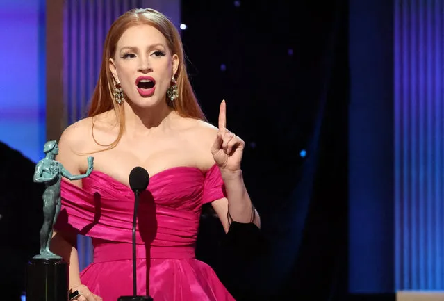 American actress Jessica Chastain accepts the Outstanding Performance by a Female Actor in a Television Movie or Limited Series award for “George & Tammy” during the 29th Screen Actors Guild Awards at the Fairmont Century Plaza Hotel in Los Angeles, California, U.S., February 26, 2023. (Photo by Mario Anzuoni/Reuters)