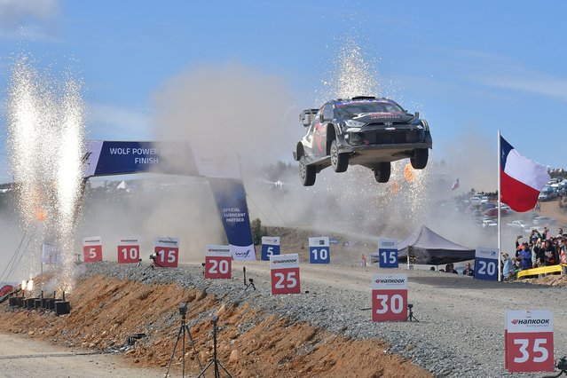 Finnish Sami Pajari and co-driver Marko Salminen cross the finish line in their Toyota GR Yaris Rally1 during the WRC Rally Chile Bio Bio in Concepcion, Chile, on September 14, 2025. (Photo by Guillermo Salgado/AFP Photo)