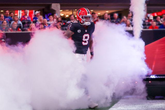 Atlanta Falcons quarterback Michael Penix Jr. (9) takes the field prior to a game Buffalo Bills at Mercedes-Benz Stadium in Atlanta, Georgia on October 13, 2025. (Photo by Brett Davis/Reuters)