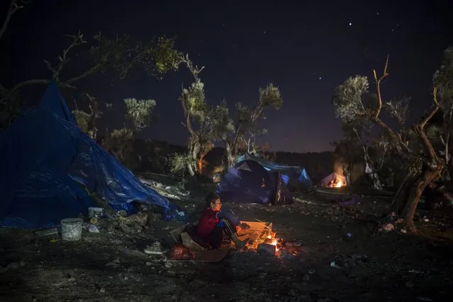 An Afghan boy tries to warm up next to a bonfire at night in Moria village on the northeastern Greek island of Lesbos, Tuesday, November 17, 2015. European leaders pressed ahead with efforts to discourage people from heading to Europe to find work and kept seeking ways to send back home thousands who don't qualify for asylum. (Photo by Santi Palacios/AP Photo)