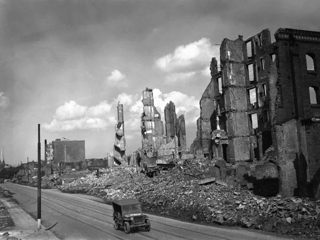 Scene showing some of the devastation to building in the  in the Hamburg docks area, Germany on May 4, 1945. (Photo by AP Photo)