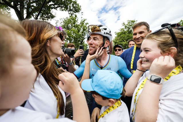 British Mark Cavendish of Astana Qazaqstan celebrates with his wife and children after winning stage 5 of the 2024 Tour de France cycling race, from Saint-Jean-de-Maurienne to Saint-Vulbas, France (177,4 km) on Wednesday 03 July 2024. The 111th edition of the Tour de France starts on Saturday 29 June and will finish in Nice, France on 21 July. (Photo by Rex Features/Shutterstock)