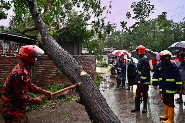 A firefighter uses an axe to cut a fallen tree to clear a blocked road in Teknaf on May 14, 2023, after the cyclone Mocha's landfall. (Photo by Munir Uz Zaman/AFP Photo)