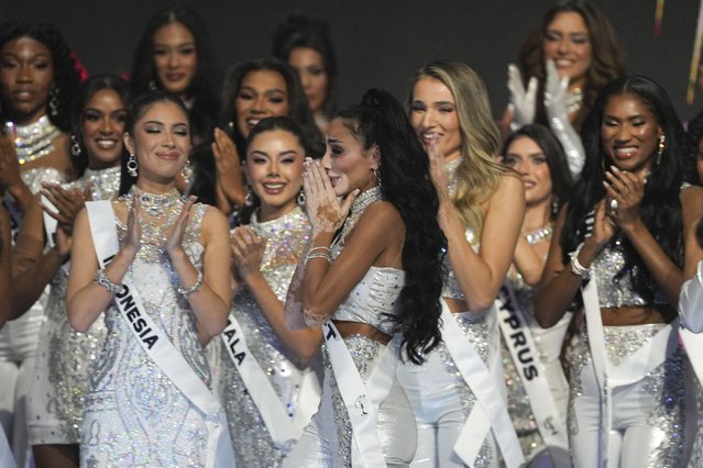 Miss Egypt Logina Salah, center, reacts during the final round of the 73rd Miss Universe Beauty Pageant in Mexico City, Saturday, November 16, 2024. (Photo by Fernando Llano/AP Photo)