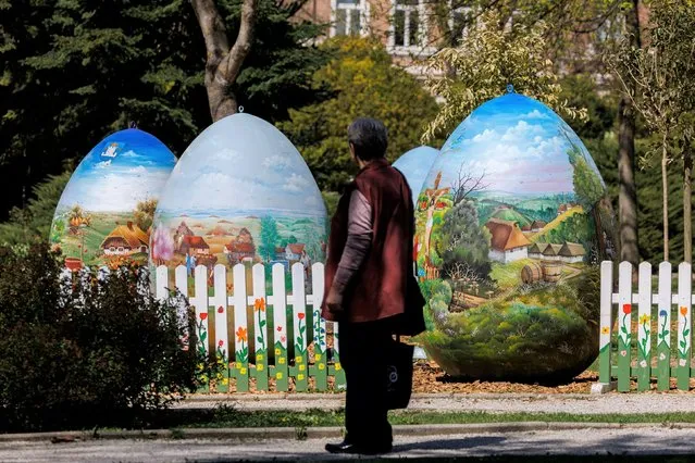 A woman looks at two-metre-high Easter eggs painted in the traditional naive art style in Koprivnica, Croatia, April 14, 2022. This project started fifteen years ago and involves painters decorating two-metre-tall polyester eggs, which are then sent to cities in the country and abroad to be displayed in public squares in time for Easter festivities. (Photo by Antonio Bronic/Reuters)