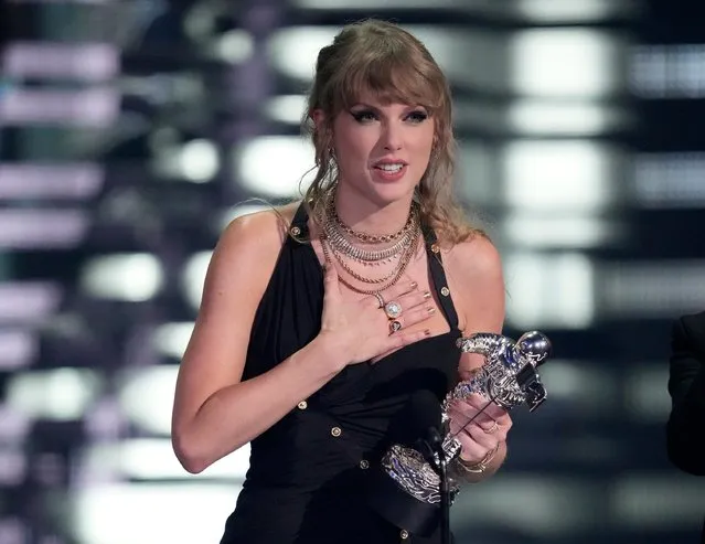 Taylor Swift accepts the award for video of the year for “Anti-Hero” during the MTV Video Music Awards on Tuesday, September 12, 2023, at the Prudential Center in Newark, N.J. (Photo by Charles Sykes/Invision/AP Photo