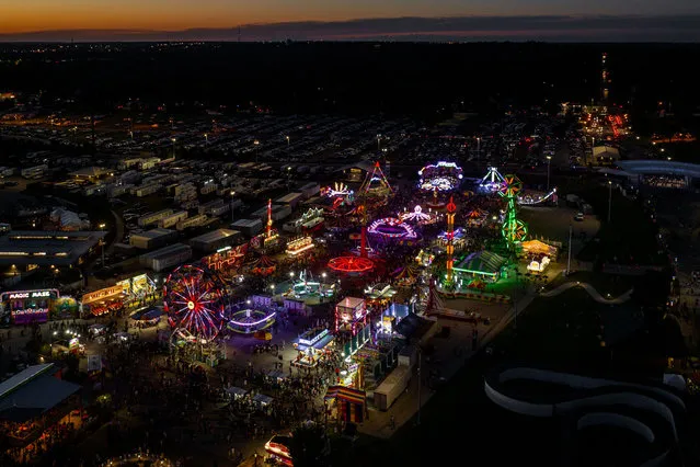 In an aerial view, the Iowa State Fair is seen at sunset on August 12, 2023 in Des Moines, Iowa. Republican and Democratic presidential hopefuls, including Florida Gov. Ron DeSantis and former President Donald Trump, are visiting the fair, a tradition in one of the first states to hold caucuses in 2024.  (Photo by Brandon Bell/Getty Images)