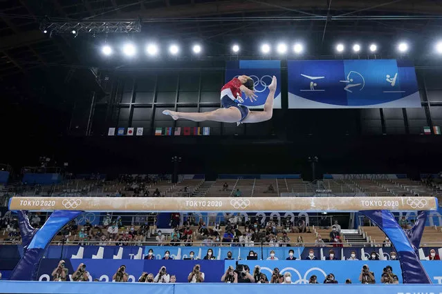 Sunisa Lee, of the United States, performs on the balance beam during the artistic gymnastics women's final at the 2020 Summer Olympics, Tuesday, July 27, 2021, in Tokyo. (Photo by Ashley Landis/AP Photo)