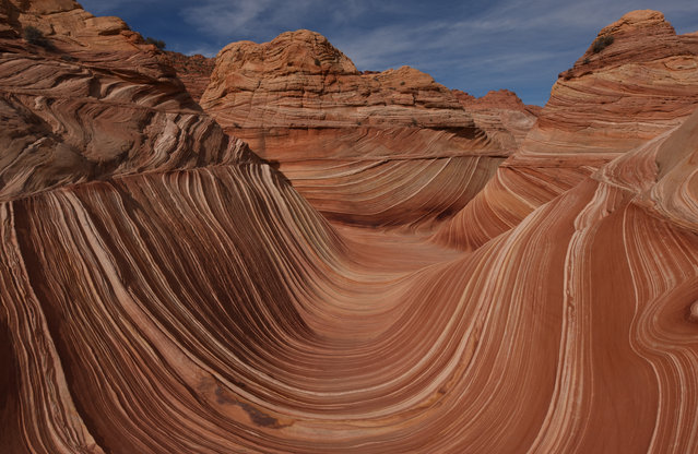 The unique U-shaped troughs of “The Wave” rock formation are seen at the Coyotes Buttes North wilderness area near Page, Arizona on October 30, 2017. The Wave is a sandstone rock formation in northern Arizona and was formed by a combination of water and wind erosion and due to its fragile nature, access is limited to only 20 hikers per day. (Photo by Mark Ralston/AFP Photo)