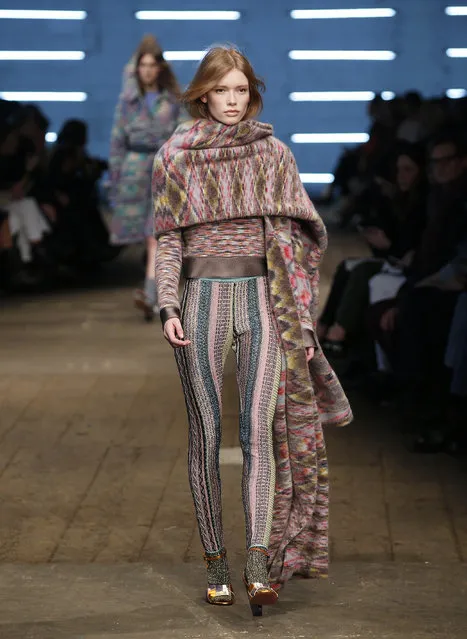 A model wears a creation for Missoni women's Fall-Winter 2016-2017 collection, part of the Milan Fashion Week, unveiled in Milan, Italy, Sunday, February 28, 2016. (Photo by Antonio Calanni/AP Photo)