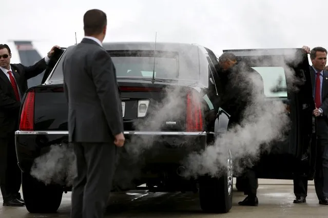 Exhaust from his limo wafts in the cold air as U.S. President Barack Obama arrives at the Wisconsin Air National Guard 128th Air Refueling Wing, Milwaukee, Wisconsin March 3, 2016. Obama is visiting Milwaukee Thursday to deliver remarks about health insurance marketplace enrollments and the Affordable Care Act, commonly known as Obamacare. (Photo by Jonathan Ernst/Reuters)