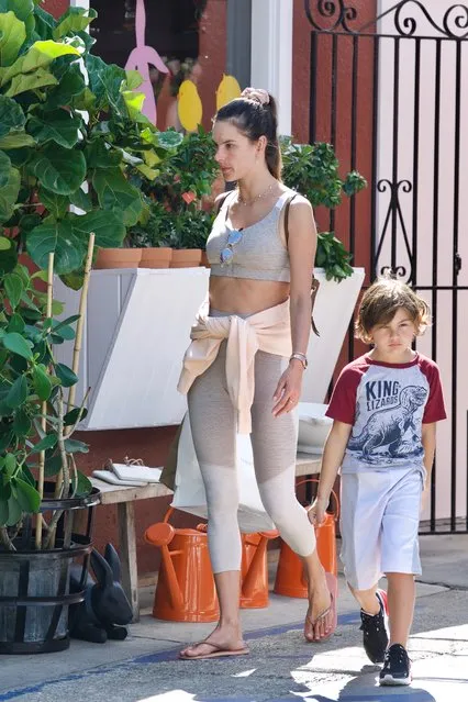 Alessandra Ambrosio enjoying the day with her son buying flowers in Los Angeles, California on April 1, 2019. (Photo by BG/Splash News and Pictures)