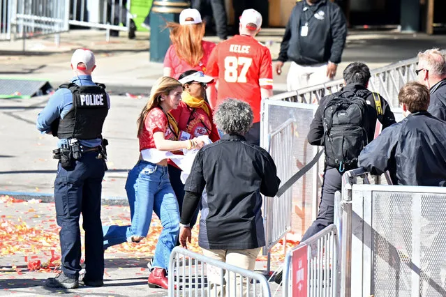Fans leave the area after gun shots were fired following the Kansas City Chiefs Super Bowl parade, Kansas City, Missouri, on February 14, 2024. (Photo by David Rainey/USA TODAY Sports)