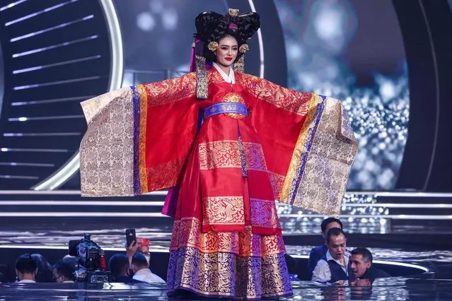 Miss Korea, Jisu Kim, appears on stage during the national costume presentation of the 70th Miss Universe beauty pageant in Israel's southern Red Sea coastal city of Eilat on December 10, 2021. (Photo by Menahem Kahana/AFP Photo)