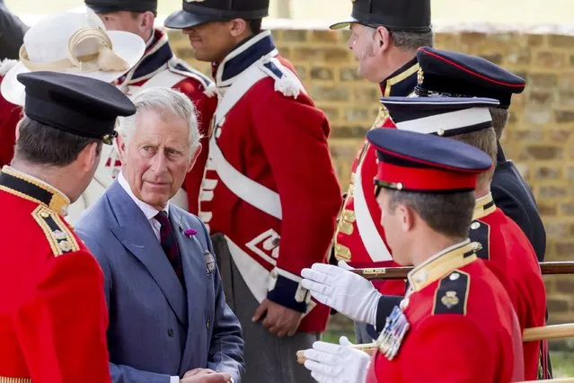 Britain's Prince Charles speaks with the troops during a ceremony for the opening of the Hougoumont farm as part of the bicentennial celebrations for the Battle of Waterloo, near Waterloo, Belgium June 17, 2015. The commemorations for the 200th anniversary of the Battle of Waterloo will take place in Belgium on June 19 and 20. REUTERS/Geert Vanden Wijngaert/Pool