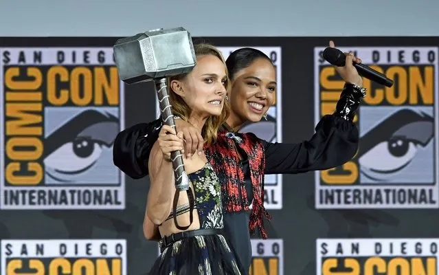 Natalie Portman and Tessa Thompson speak at the Marvel Studios Panel during 2019 Comic-Con International at San Diego Convention Center on July 20, 2019 in San Diego, California. (Photo by Kevin Winter/Getty Images)