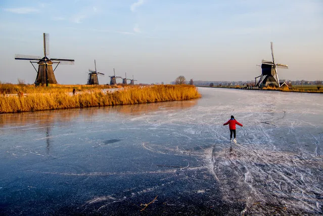 A skater takes to the ice of a frozen canal in Kinderdijk, The Netherlands onJanuary 22, 2017. (Photo by Action Press/Rex Features/Shutterstock)