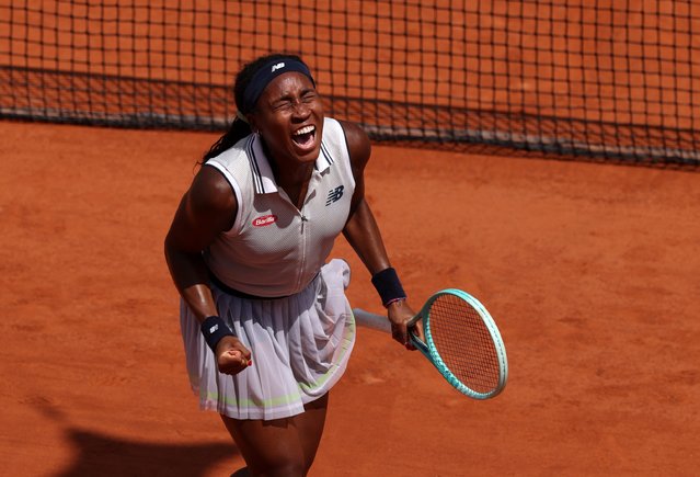 Coco Gauff of United States celebrates winning match point against Ons Jabeur of Tunisia in the Women's Singles Quarter Final match during Day Ten of the 2024 French Open at Roland Garros on June 04, 2024 in Paris, France. (Photo by Clive Brunskill/Getty Images)