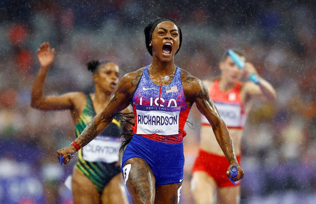 US' Sha'Carri Richardson reacts after winning the women's 4x100m relay final of the athletics event at the Paris 2024 Olympic Games at Stade de France in Saint-Denis, north of Paris, on August 9, 2024. (Photo by Sarah Meyssonnier/Reuters)