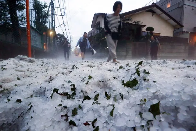 Pedestrians walk down a hail-covered street following a hailstorm at a residential area west of Tokyo on June 24, 2014. Large amounts of hail fell during a storm that hit the Tokyo metropolitan area in the afternoon. (Photo by AFP Photo/Jiji Press)