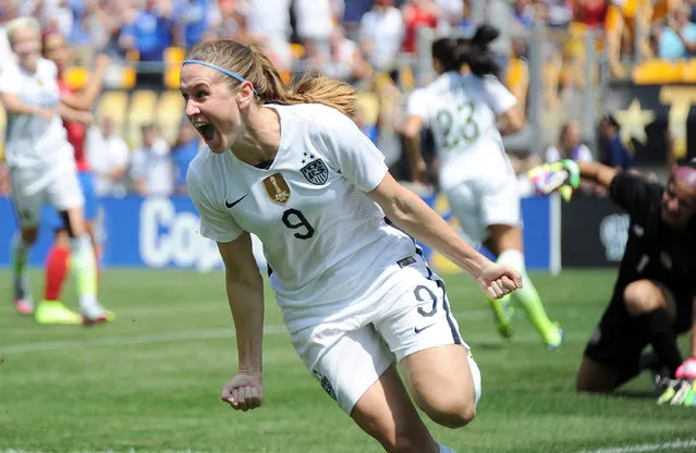 United States midfielder Heather O'Reilly (9) celebrates after scoring a goal against Costa Rica during the first half of a women's friendly soccer match on Sunday, August 16, 2015, in Pittsburgh. (Photo by Don Wright/AP Photo)