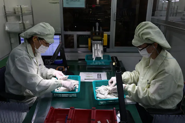 Employees work on the production line of the Ichroma Covid-19 Ab testing kit used in diagnosing the coronavirus (COVID-19) at the Boditech Med Inc. headquarters on April 17, 2020 in Chuncheon, South Korea. South Korea has called for expanded public participation in social distancing, as the country witnesses a wave of community spread and imported infections leading to a resurgence in new cases of COVID-19. South Korea's coronavirus cases hovered around 20 for the fourth straight day, but health authorities are still staying vigilant over cluster infections, as well as new cases coming from overseas. According to the Korea Center for Disease Control and Prevention, 22 new cases were reported. The total number of infections in the nation tallies at 10,635. (Photo by Chung Sung-Jun/Getty Images)