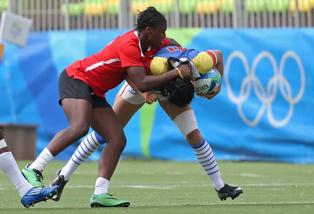 2016 Rio Olympics, Rugby, Women's Placing 11-12 Colombia vs Kenya, Deodoro Stadium, Rio de Janeiro, Brazil on August 8, 2016. Sharon Acevedo Tangarife (COL) of Colombia is tackled by Janet Musindalo Okelo (KEN) of Kenya. (Photo by Alessandro Bianchi/Reuters)