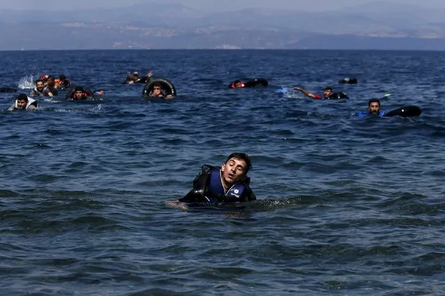 A refugee reacts from exhaustion while swimming towards the shore after a dinghy carrying Syrian and Afghan refugees deflated some 100m away before reaching the Greek island of Lesbos, September 13, 2015. (Photo by Alkis Konstantinidis/Reuters)