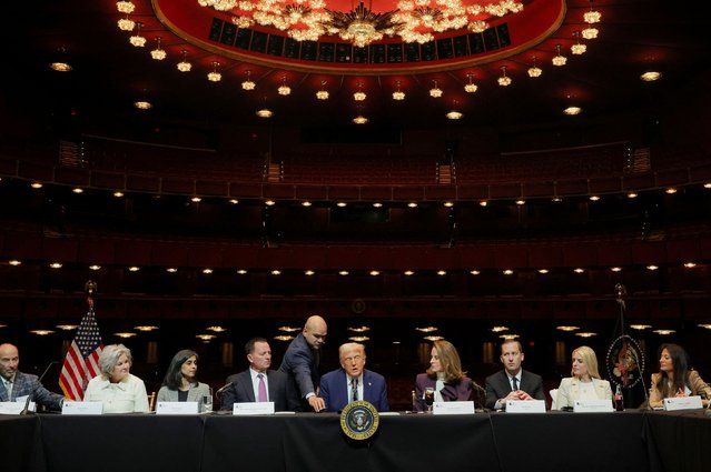 U.S. President Donald Trump speaks as he attends a board meeting for the Kennedy Center, in Washington, D.C., U.S., March 17, 2025. (Photo by Carlos Barria/Reuters)
