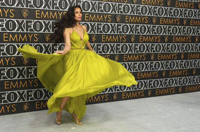 Indian-American writer and model Padma Lakshmi poses for a Red Carpet portrait at the 75th Emmy Awards on Monday, January 15, 2024 at the Peacock Theater in Los Angeles. (Photo by Jordan Strauss/Invision for the Television Academy/AP Images)