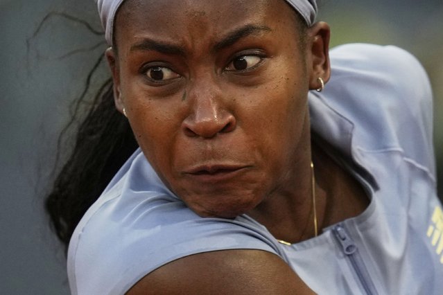 United States' Coco Gauff returns the ball against Ukraine's Dayana Yastremska during the Madrid Open tennis tournament in Madrid, Spain, Thursday, April 24, 2025. (Photo by Manu Fernandez/AP Photo)