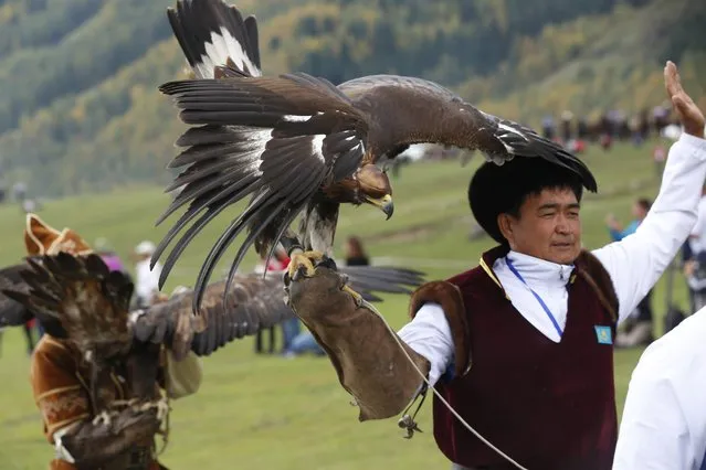 A competitor for traditional hunting reacts with his falcon during the third day of the Second World Nomad Games in Cholpon-Ata, Kyrgyzstan on September 5, 2016. The Second World Nomad Games, starting on September 3-8, 2016, will be attended by around 500 athletes in 26 sports. (Photo by Roman Gainanov/ZUMA Press/Splash News)