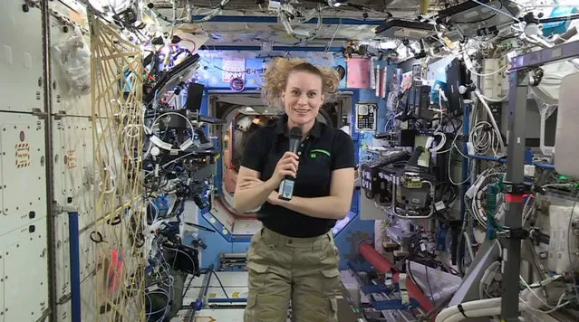 In this image from video made available by NASA, U.S. astronaut Kate Rubins speaks aboard the International Space Station during an interview on Thursday, September 22, 2016. Rubins said that she doesn’t know yet whether she’ll return to Earth in late October as planned. The Russians have delayed the next crew launch for technical reasons. (Photo by NASA via AP Photo)