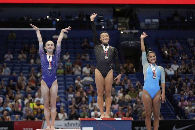 Vault gold medalist Leanne Wong of the University of Florida, center, silver medalist Claire Pease of WOGA, left, and bronze medalist Izzy Stassi of Gym X-Treme pose during a medal ceremony after the senior women's finals of the U.S. Gymnastics Championships in New Orleans, Sunday, August 10, 2025. (Photo by Gerald Herbert/AP Photo)