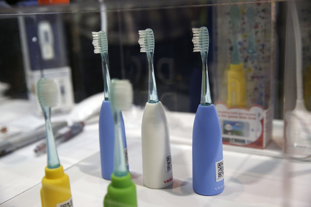 The Vigilant Rainbow smart toothbrush is on display at CES Unveiled, a media preview event for CES International, Sunday, January 4, 2015, in Las Vegas. The toothbrush connects to a smartphone to keep records on brushing and allow for interactive games. (Photo by John Locher/AP Photo)