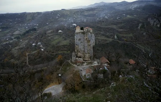 A church is seen on top of the Katskhi Pillar, a rock mass about 40 meters high, in the village of Katskhi, Georgia, November 27, 2015. (Photo by David Mdzinarishvili/Reuters)