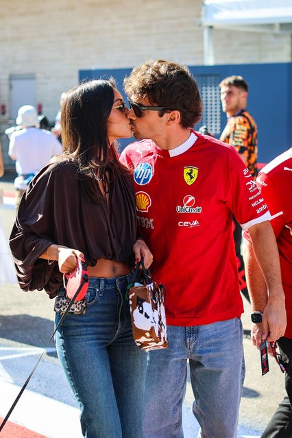 Charles Leclerc of Monaco and Ferrari kisses his girlfriend Alexandra Saint Mleux goodbye in the paddock during practice ahead of the F1 Grand Prix of United States at Circuit of The Americas on October 17, 2025 in Austin, Texas. (Photo by Kym Illman/Getty Images)