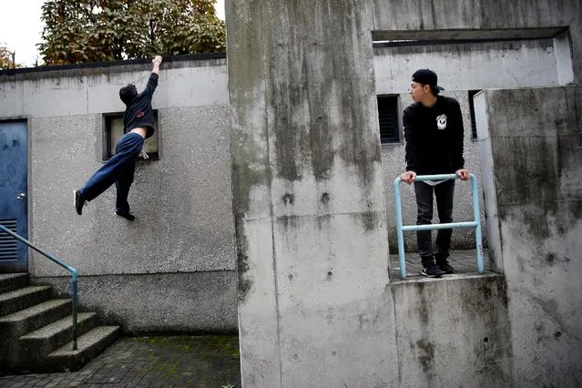 A parkour practitioner looks at Jun Sato, founder of Japan's first parkour educational institute SENDAI X-TRAIN, while Jun demonstrates his parkour skill at a park in Tokyo, Japan November 2, 2016. (Photo by Kim Kyung-Hoon/Reuters)