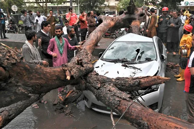 People gather around a car damaged after a tree fell during a rainfall in Lahore on June 6, 2023. (Photo by Arif Ali/AFP Photo)