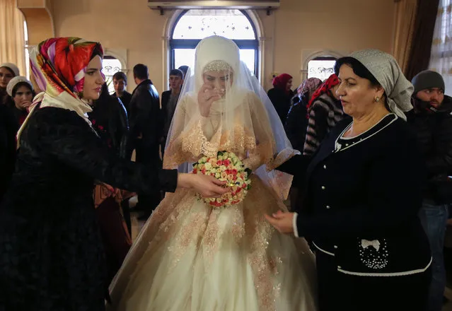 The bride and her relatives arrive at a restaurant for a wedding celebration in Chechen capital Grozny, Russia on November 24, 2016. (Photo by Valery Sharifulin/TASS)