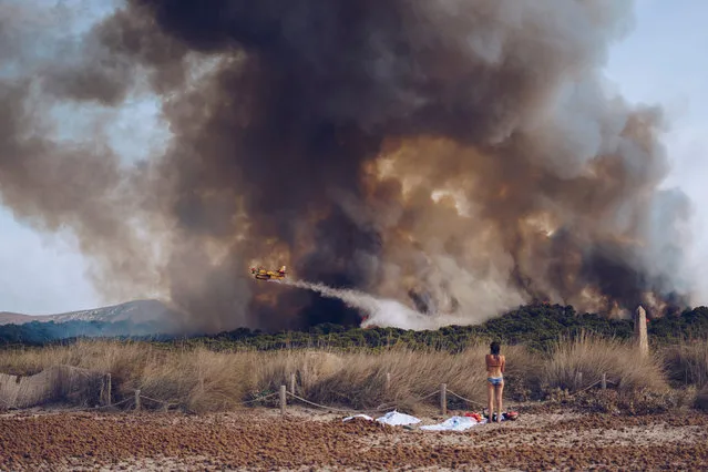 A young woman on in beach in Mallorca, Spain, watching a firefighting plane won a honorable mention in environmental issues for Sergej Chursyn. (Photo by Sergej Chursyn/2016 National Geographic Nature Photographer of the Year)