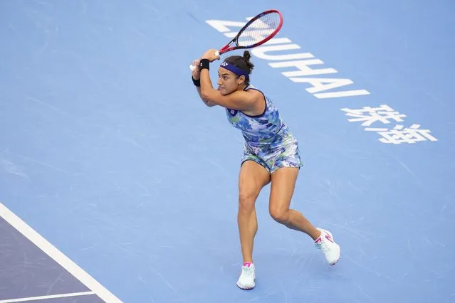 Caroline Garcia of France in action against Madison Keys of United States in the women's singles 1st round match on Day 2 of the WTA Elite Trophy Zhuhai 2023 at Hengqin Tennis Center on October 25, 2023 in Zhuhai, China. (Photo by Fred Lee/Getty Images)