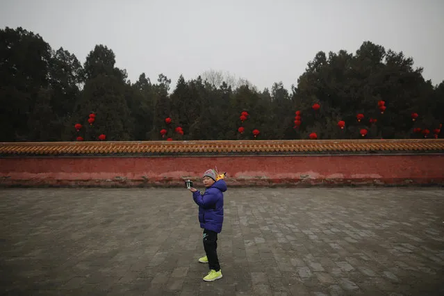 A boy strikes a pose while taking pictures of himself as the Chinese Lunar New Year, which welcomes the Year of the Monkey, is celebrated at the temple fair at Ditan Park (the Temple of Earth), in Beijing, China February 11, 2016. (Photo by Damir Sagolj/Reuters)