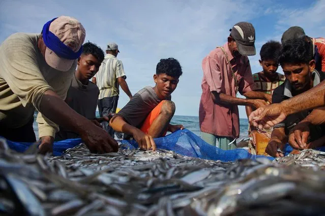 Fishermen and their families bring in their haul of fish caught in their nets by the shore in Lhokseumawe, Aceh on August 2, 2021. (Photo by Azwar Ipank/AFP Photo)