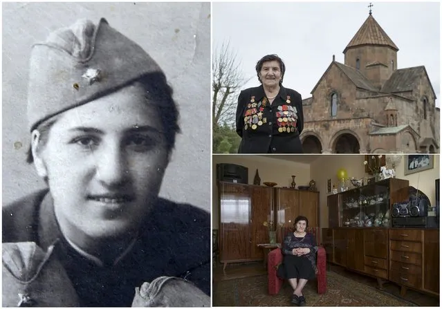 World War Two veteran Rozalia Abgaryan, 91, is seen in an undated handout picture (L), posing for a picture in front of a cathedral in Echmiadzin (Top R) and at home, in Armenia April 2015. Abgaryan served in an infantry unit of the Soviet Union army from October 1941 until December 1945. Originally from Armenia, the end of World War Two found her in Prague. (Photo by David Mdzinarishvili/Reuters/Family handout (L))
