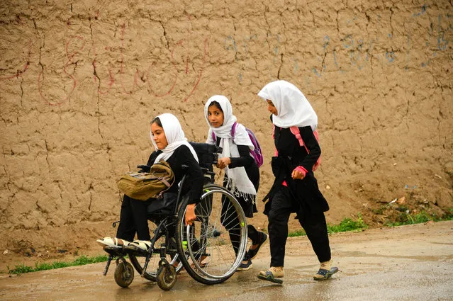 Two Afghan school girls push a disabled classmate in a wheelchair along the road at Injil district in Herat province on April 11, 2019. (Photo by Hoshang Hashimi/AFP Photo)