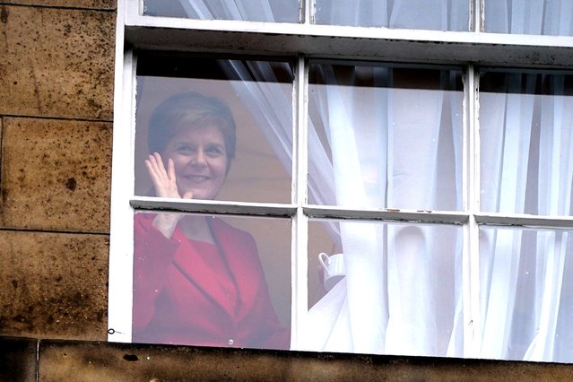 First Minister Nicola Sturgeon gputs on a brave face as she looks out of Bute House in Edinburgh on Wednesday, February 15, 2023 after she announced during a press conference that she will stand down as First Minister for Scotland after eight years. (Photo by Andrew Milligan/PA Images via Getty Images)