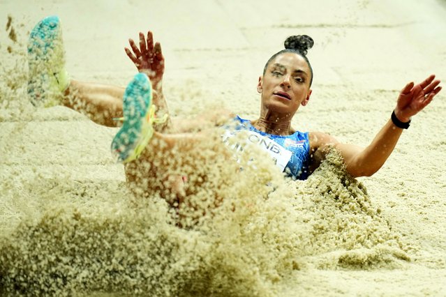 Ivana Vuleta, of Serbia, makes an attempt in the Women's long jump at the World Athletics Indoor Championships in Belgrade, Serbia, Sunday, March 20, 2022. (Photo by Petr David Josek/AP Photo)